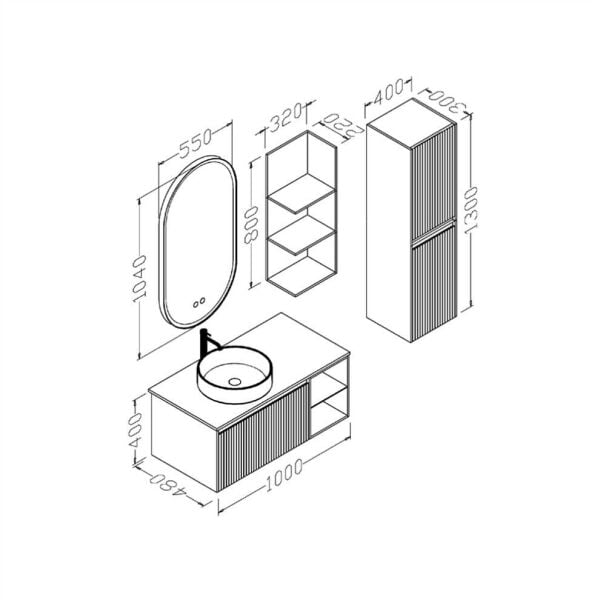 Aquanil Almonde 100 cm Krem Siyah Lavabolu Banyo Dolabı