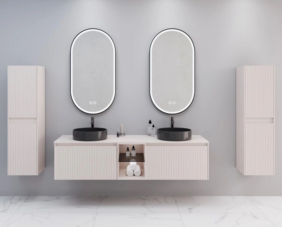 Aquanil Almonde 160 cm Krem Siyah Lavabolu Banyo Dolabı