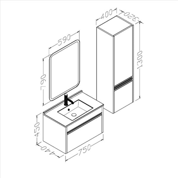 Aquanil Duenos 75 cm Kaman-Ceviz Banyo Dolabı