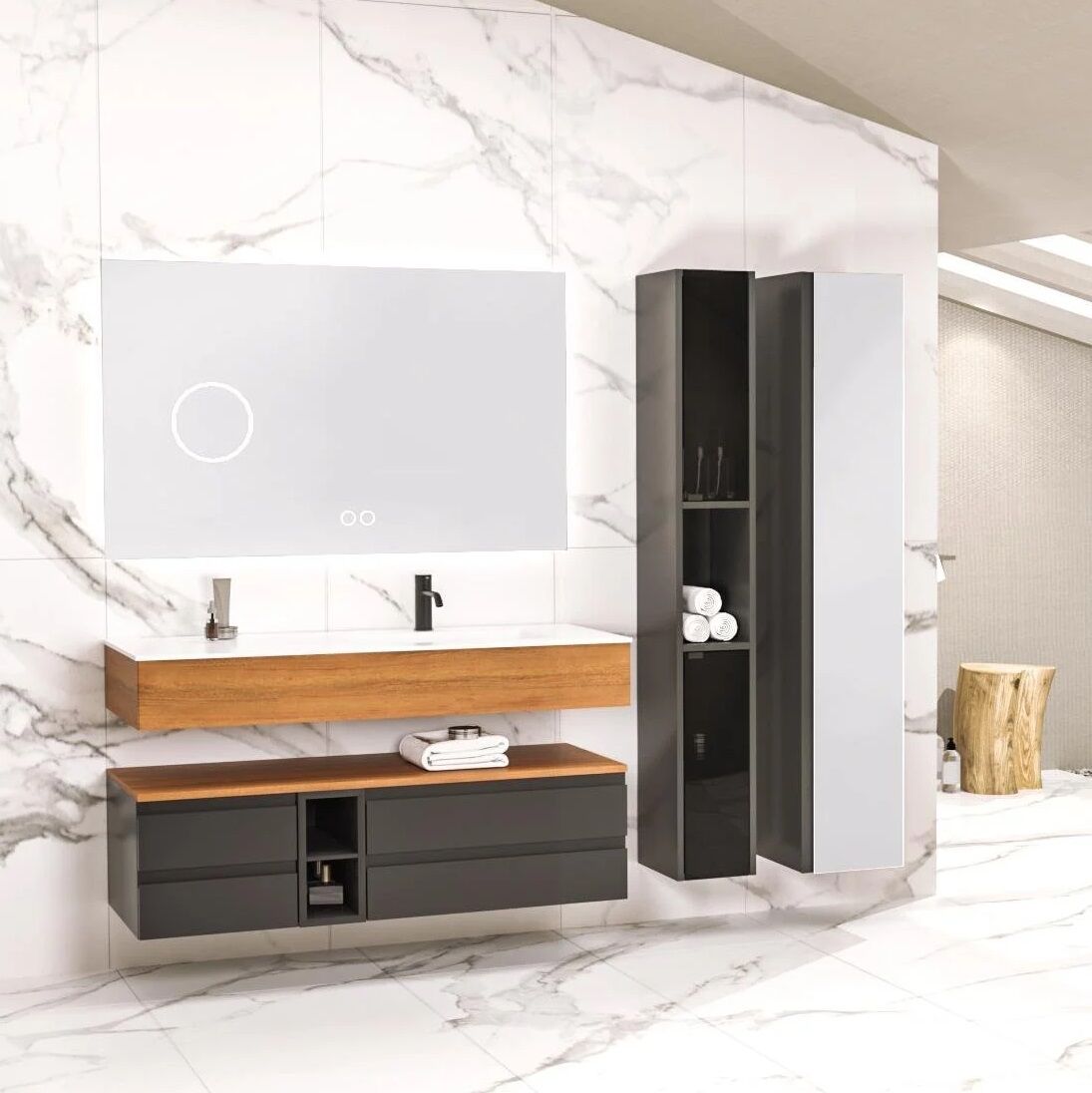 Aquanil Vision 120 cm Antrasit-Kayın Banyo Dolabı