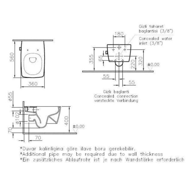 VitrA Metropole Rim-ex Deterjan Hazneli Termostatik Entegre Asma Klozet, 56 cm