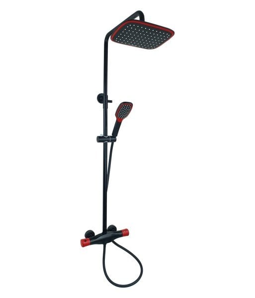 Meridyen Mat Siyah&Kırmızı Duş Sistemi ve Banyo Bataryası