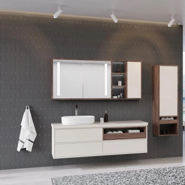Aquanil imperia 160 cm Krem-Kaman Ceviz Banyo Dolabı
