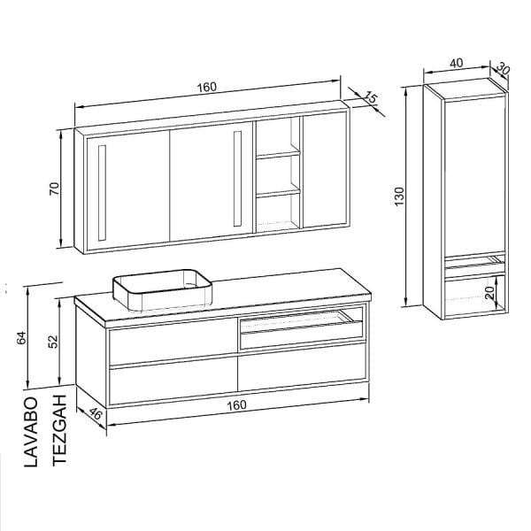 Aquanil imperia 160 cm Krem-Kaman Ceviz Banyo Dolabı