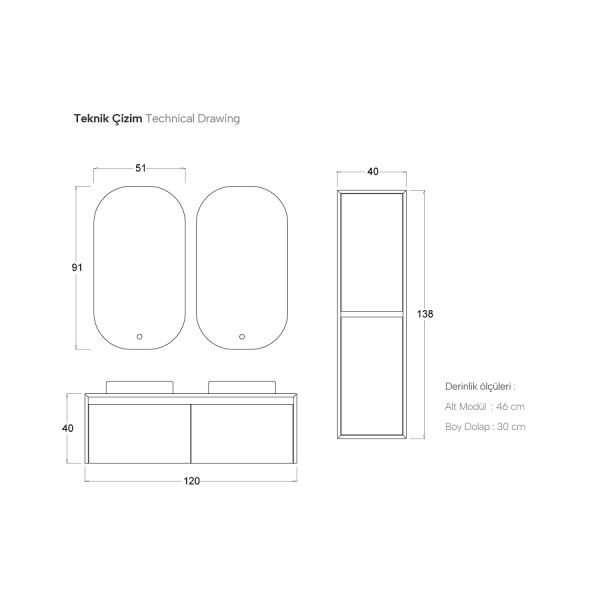 Shower Stone Line 120 cm Gül Kurusu Banyo Dolabı