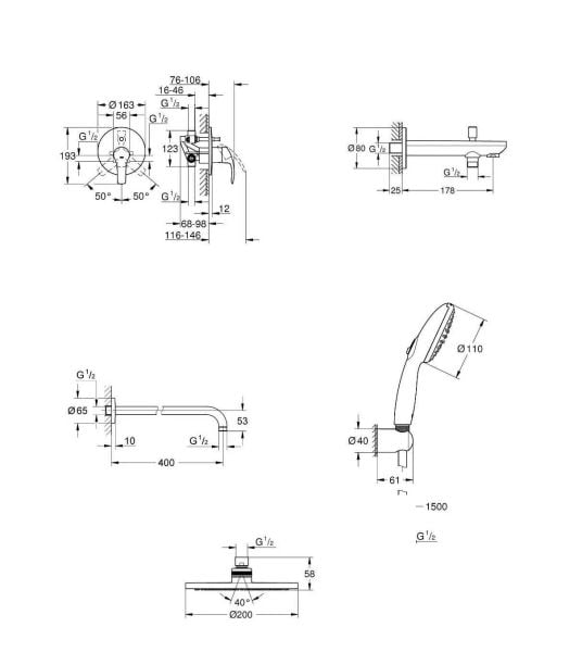 Grohe Eurosmart Ankastre Banyo Seti Siyah