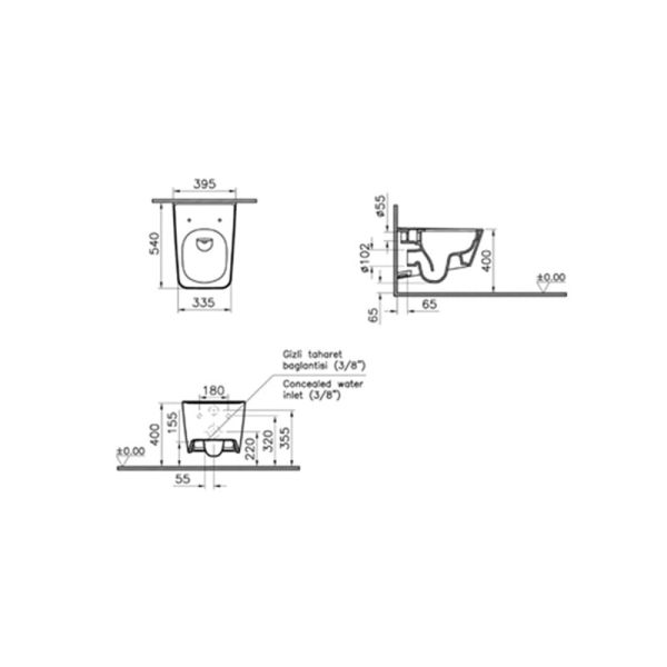 Vitra Equal Rim-Ex Kanalsız Asma Klozet, 54 cm, Mat Taş Gri