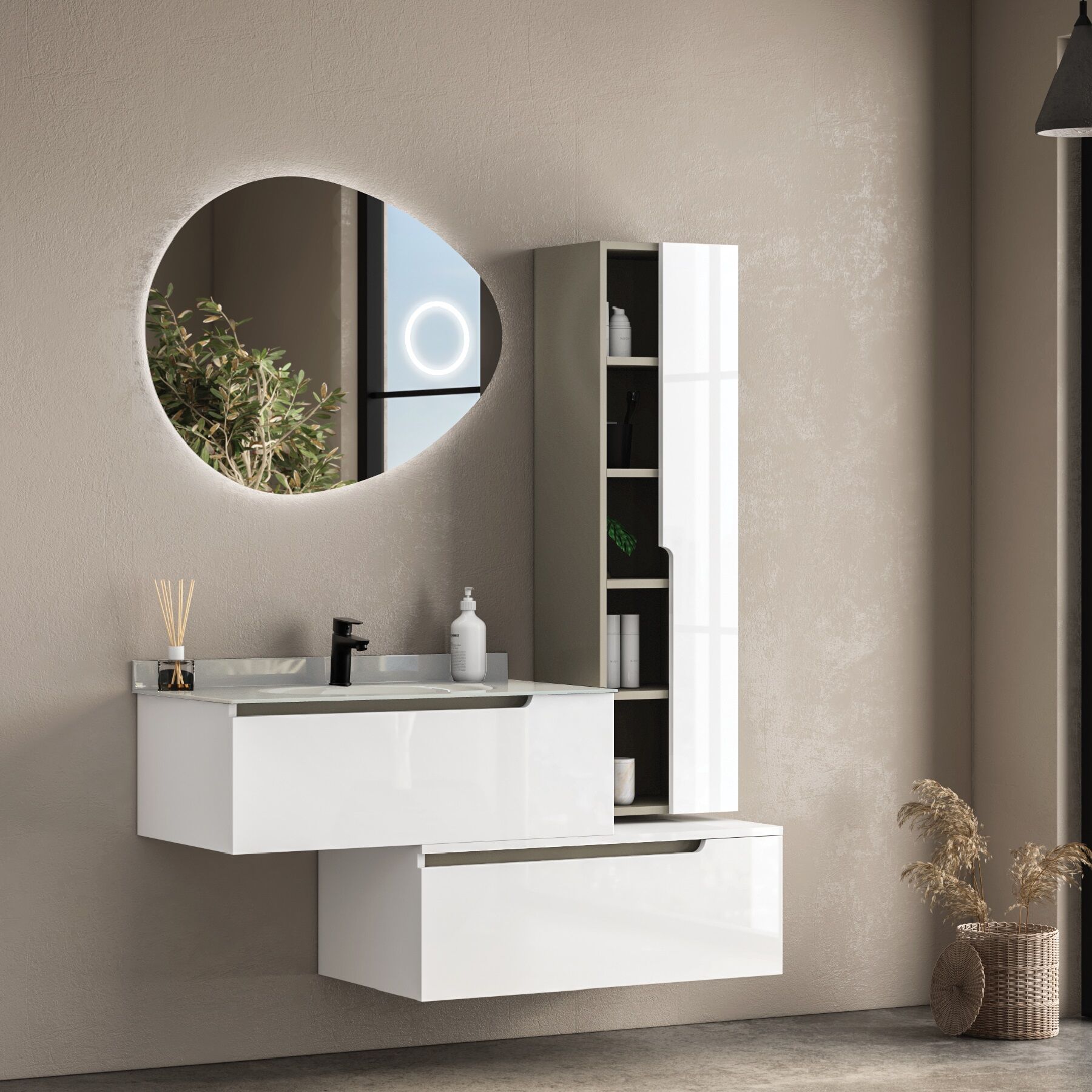 FYM Linea 90 cm Beyaz-Kül Gri Banyo Dolabı