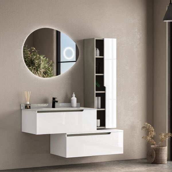 FYM Linea 90 cm Beyaz-Kül Gri Banyo Dolabı