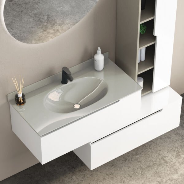 FYM Linea 90 cm Beyaz-Kül Gri Banyo Dolabı
