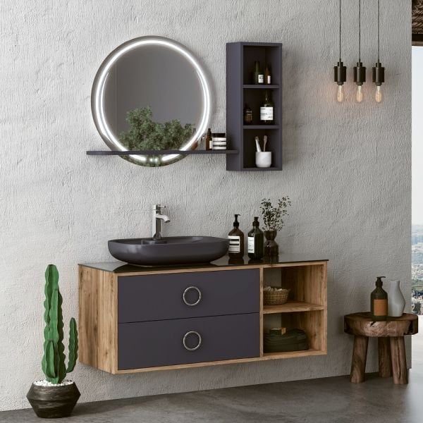 FYM Valerin 120 cm Veli Meşe-Antrasit Banyo Dolabı