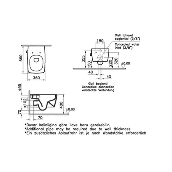 VitrA Metropole Rim-ex Termostatik Entegre Asma Klozet, 56 cm
