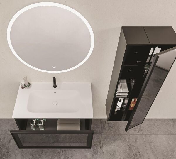 Aquanil Aston 80 cm Beyaz Lavabolu Siyah Banyo Dolabı