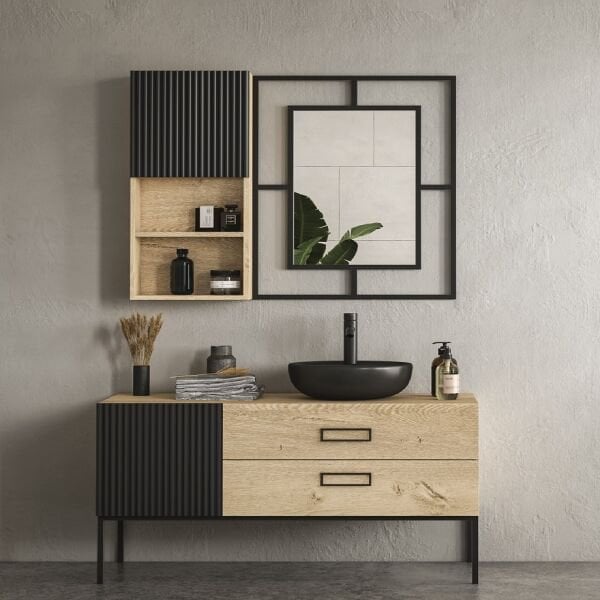 FYM Santana 120 cm Veli Meşe-Siyah Banyo Dolabı