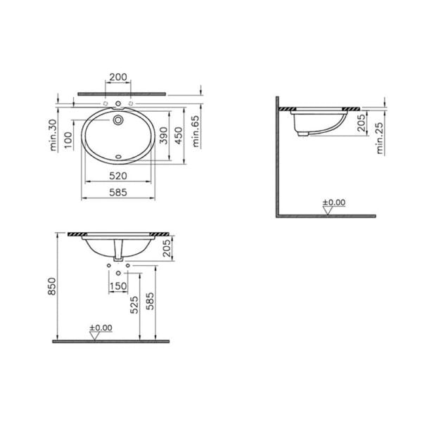 VitrA S20 Tezgah Altı Lavabo, 52 cm