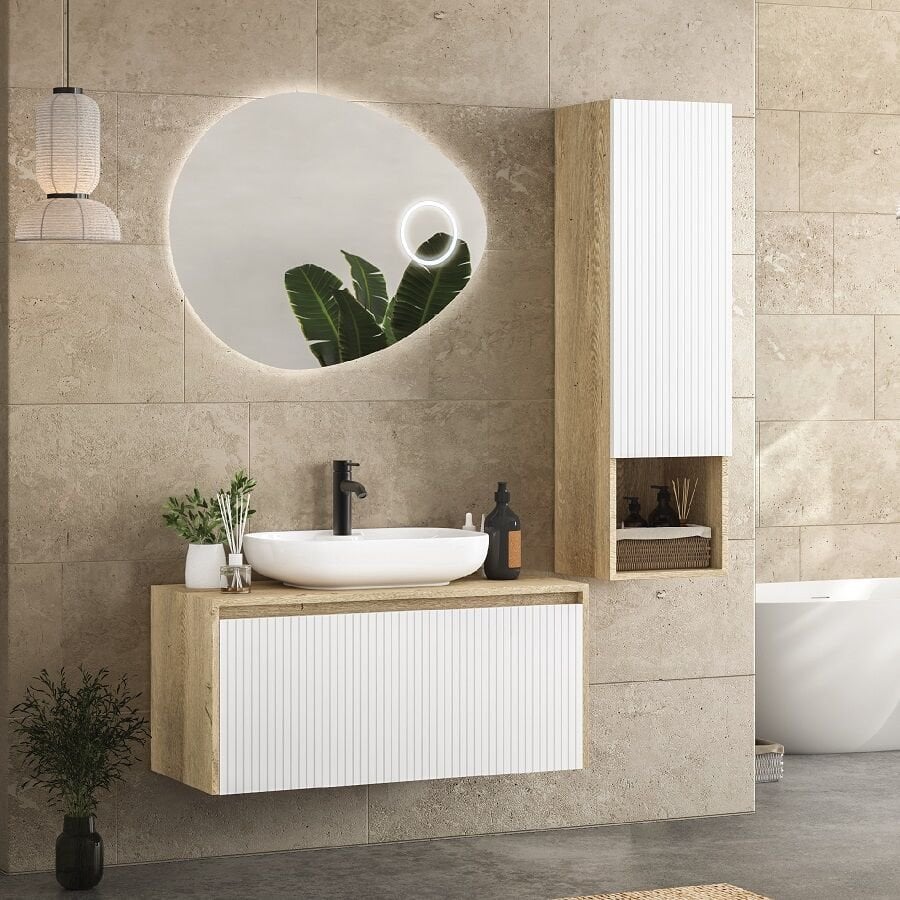 FYM Reneta 100 cm Veli Meşe-Beyaz Banyo Dolabı