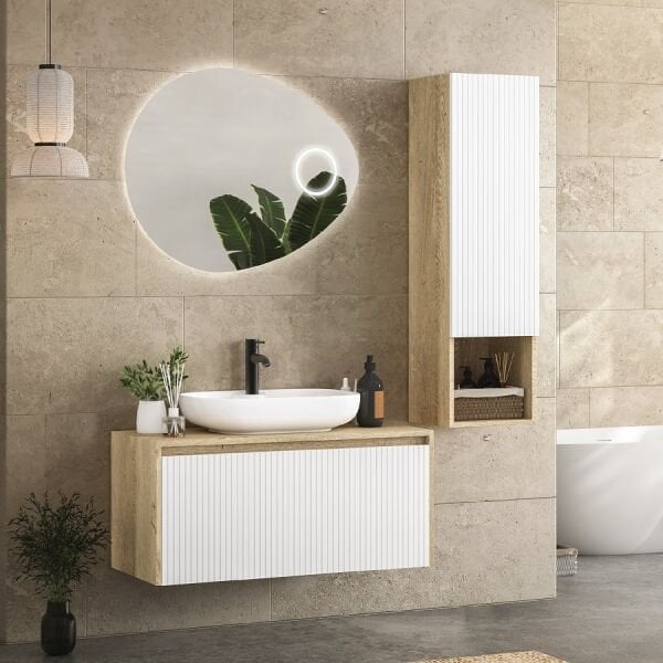 FYM Reneta 100 cm Veli Meşe-Beyaz Banyo Dolabı