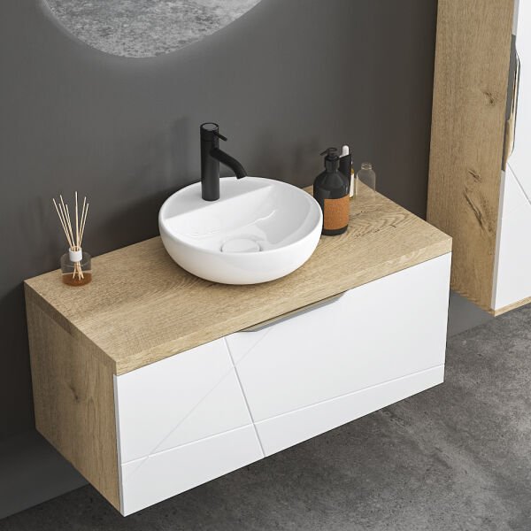 FYM New İmelda 100 cm Veli Meşe-Beyaz Banyo Dolabı