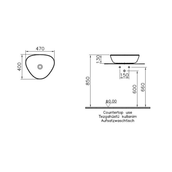 Vitra Plural Üçgen Alçak Çanak Lavabo, 47 cm, Mat Vizon
