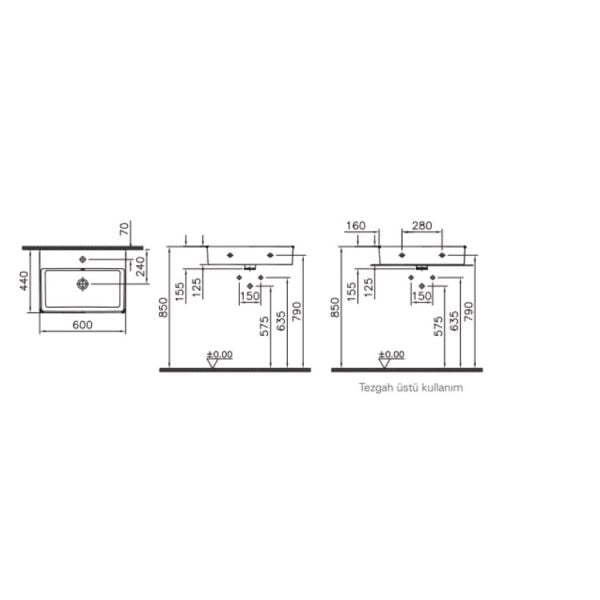 Vitra Nuo Dikdörtgen Çanak Lavabo, 60 cm