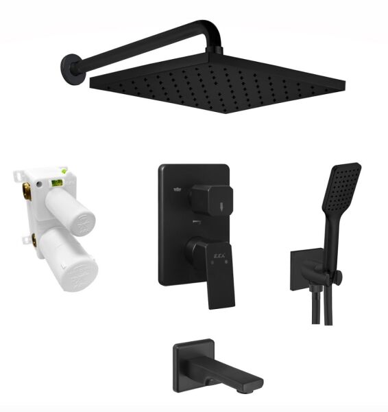 ECA Tiera 3 Yollu Ankastre Banyo Bataryası, Kare Tepe ve El Duşu, Çıkış Ucu Seti Mat Siyah