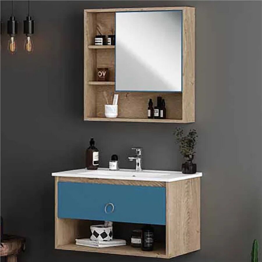 FYM Milano 80 cm Veli Meşe-Azure Mavi Banyo Dolabı