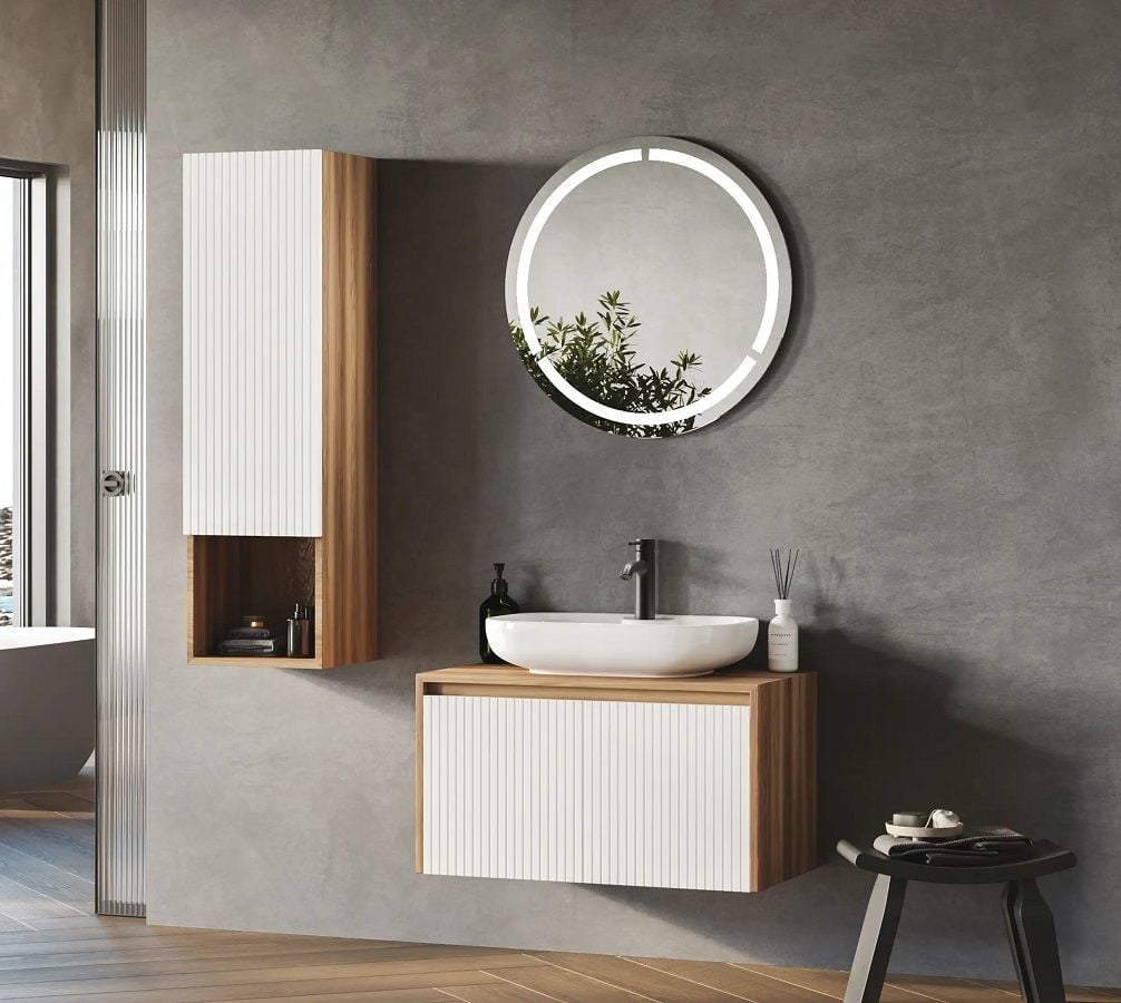 FYM Reneta 80 cm Veli Meşe-Beyaz Banyo Dolabı