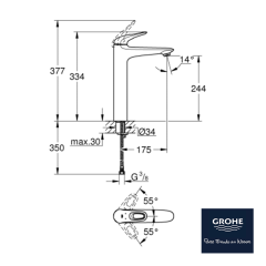 Grohe Eurostyle Yüksek Tip Lavabo Bataryası (AY Beyazı Krom)