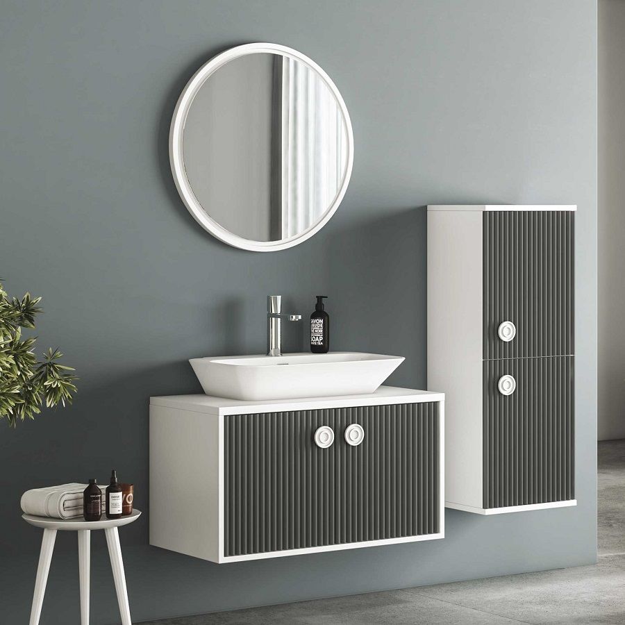 Fym Duru 85 cm Banyo Dolabı Antrasit Beyaz