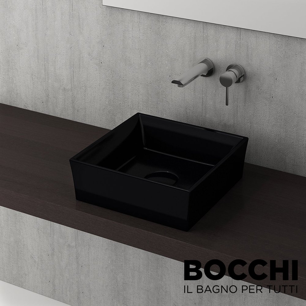 BOCCHI Vessel Kare Tezgah Üstü Lavabo 38 cm, Parlak Siyah