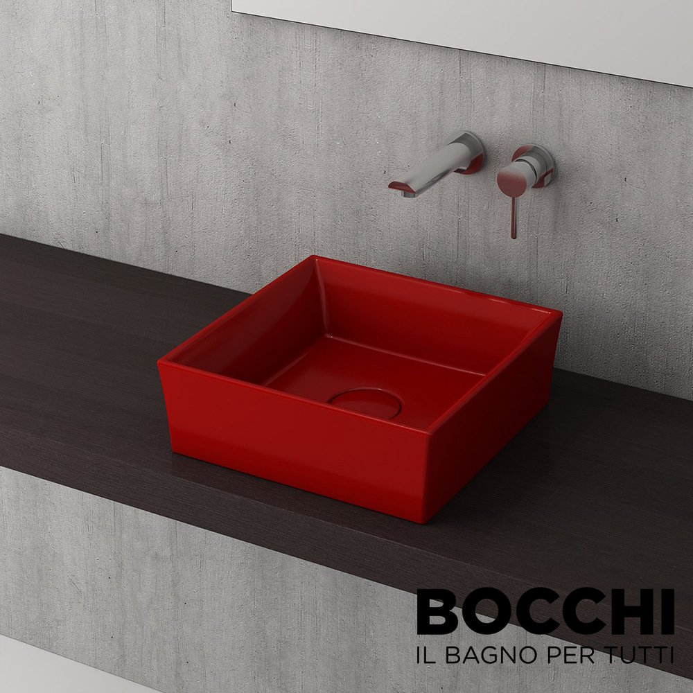 BOCCHI Vessel Kare Tezgah Üstü Lavabo 38 cm, Parlak Kırmızı