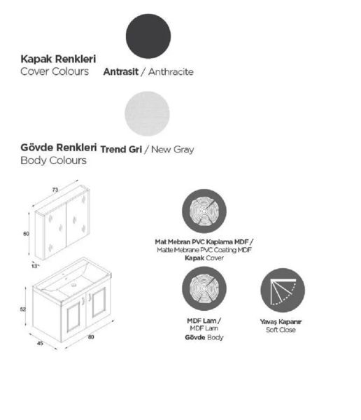 Karen Arin 80 cm Trend Gri Banyo Dolabı