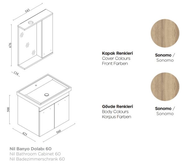 Karen Nil 60 cm Sonomo Banyo Dolabı