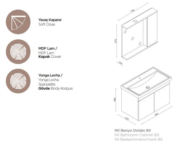 Karen Nil 80 cm Sonomo Banyo Dolabı