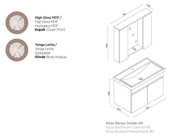 Karen Koza 80 cm Beyaz Banyo Dolabı